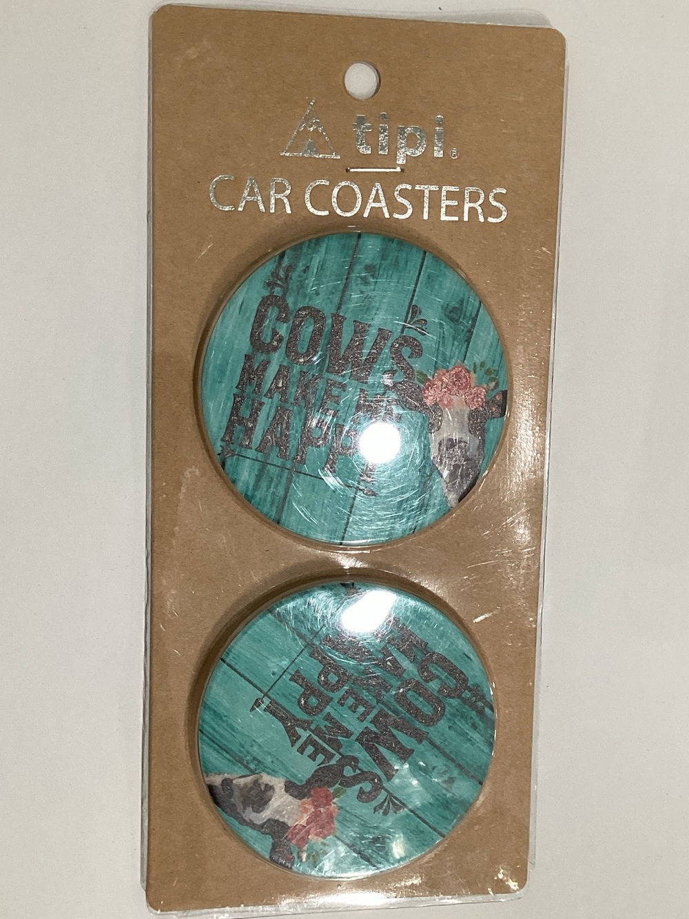 tipi Teal Cow Graphic Car Coasters - Set of 2